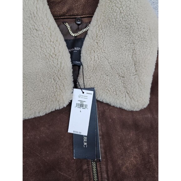 Banana Republic Leather Bomber Jacket Womens L Brown Shearling Collar - Picture 7 of 11